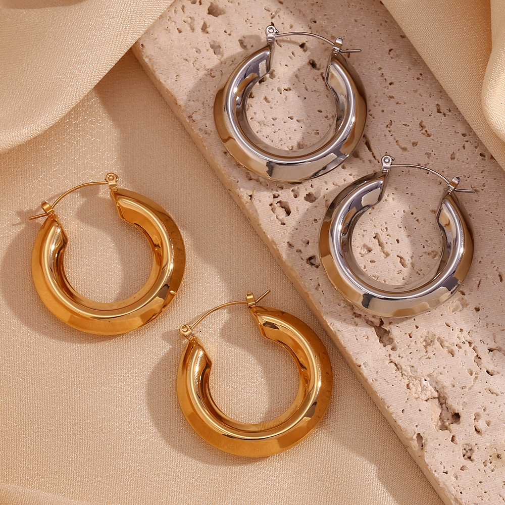Stainless Steel Hoop Earrings 18K Gold Plated Hollow Streamlined Smooth High Polish Minimalist Jewelry For Women