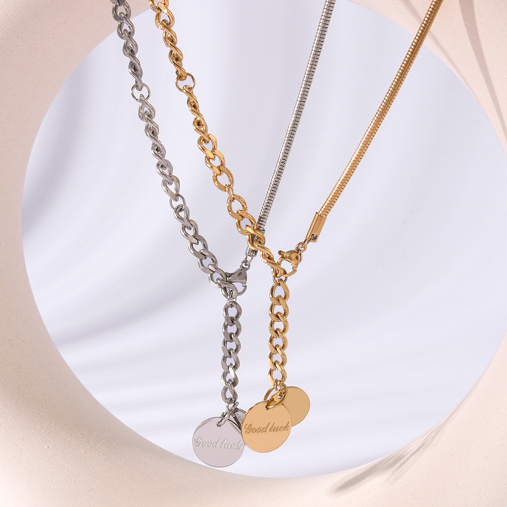 Stainless Steel Necklace Mixed Cuban And Snake Chain Round Disc Pendant Good Luck Engraved OT Buckle For Women