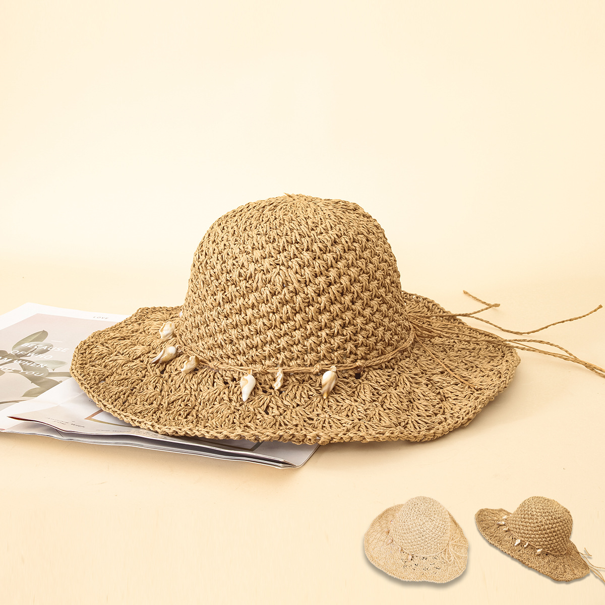 Handmade Raffia Straw Sun Hat With Natural Shell Decoration Summer Wide Brim Beach Hat For Women Breathable Pineapple Texture Foldable Vacation Travel Cap