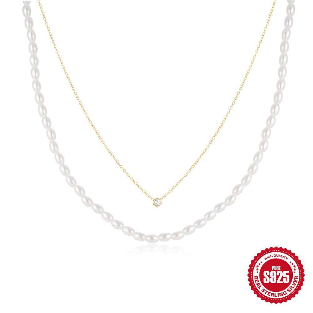 Double Layer Necklace 925 Sterling Silver Round Zircon Pendant Pearl Strand Vintage Minimalist Clavicle Chain For Women