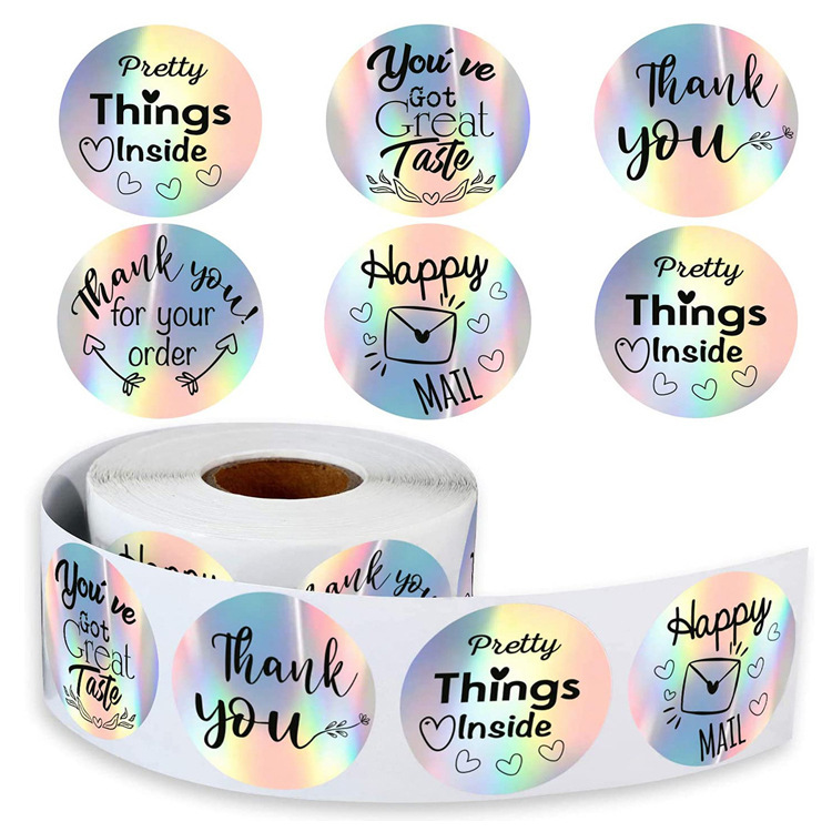 500pcs Holographic Laser Thank You Stickers Round Pretty Things Inside Sealing Label Roll For Small Business Gift Packaging Decor Wedding Party Stationery Supplies