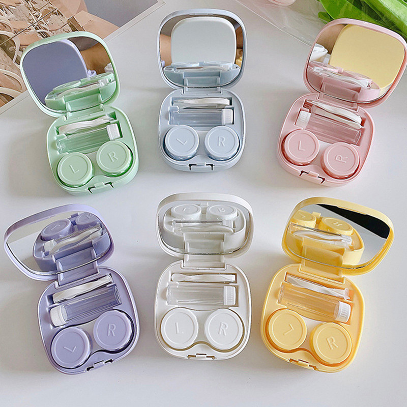 Portable Contact Lens Case Set Plastic Square Storage Box With Mirror Tweezers And Suction Stick Macaron Color Daily Travel Organizer For Women Men