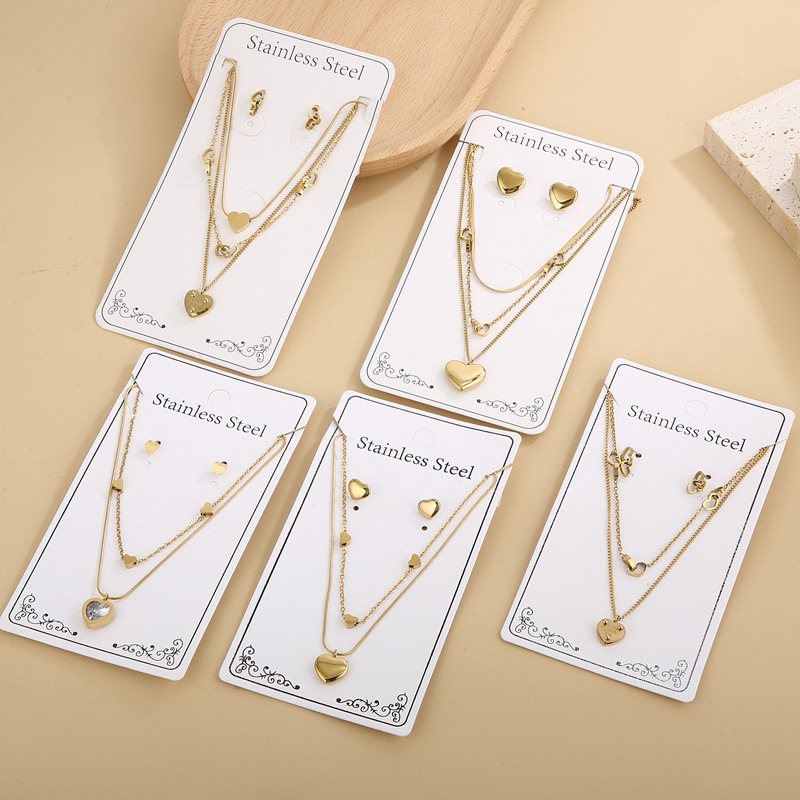 Luxury Stainless Steel Multi-layer Heart Pendant Necklace and Earrings Set PLEASE RETURN TO LOVE Lettering Gold Jewelry Set for Women Valentine's Gift