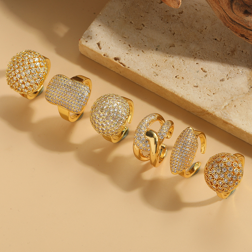 Copper Zircon Ring French Vintage Open Adjustable Full Pave Geometric Finger Jewelry For Women