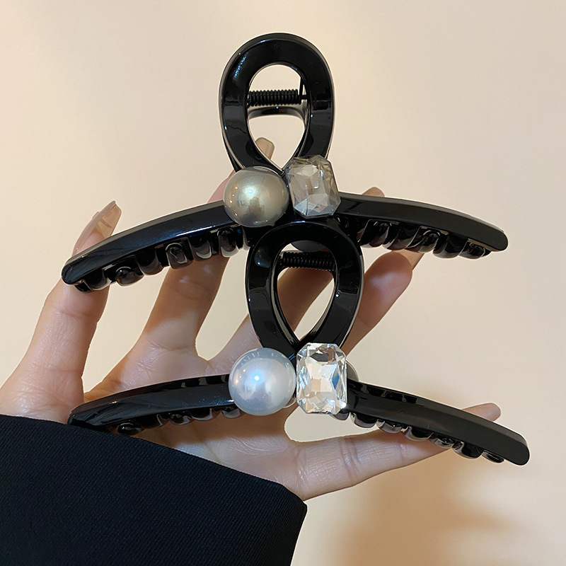 Large Black Hair Claw Clip With Pearl And Rectangular Rhinestone Elegant French Style Non-Slip Strong Hold Hair Accessories For Women Daily Use