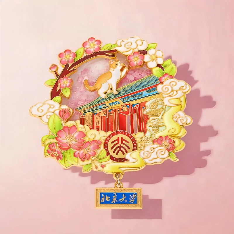 Chinese Style Metal Quicksand Refrigerator Magnet Souvenir Ancient Building Flower Cat Relief Enamel Home Decor Magnetic Sticker Ornaments