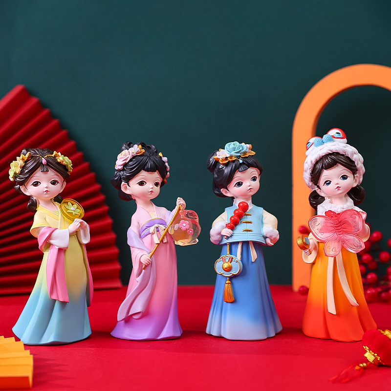 Traditional Chinese Hanfu Girl Figurine Cute Q-Version Resin Ornament Desktop Decoration Home Decor Accents Gift for Girls Women