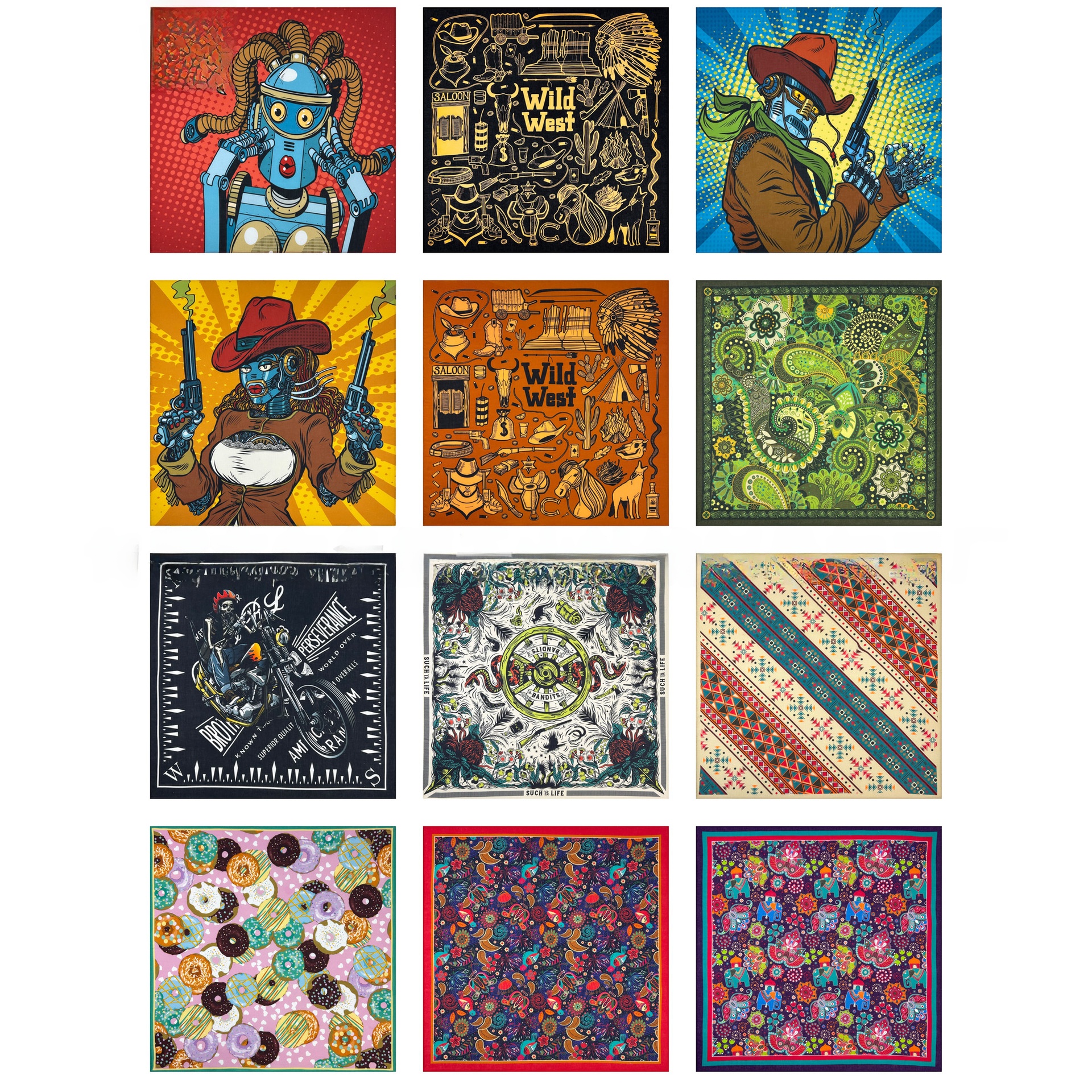 Vintage Pure Cotton Bandana Square Scarf Digital Print Paisley Robot Hip Hop Sports Headscarf For Men Women Outdoor Accessory 55x55CM