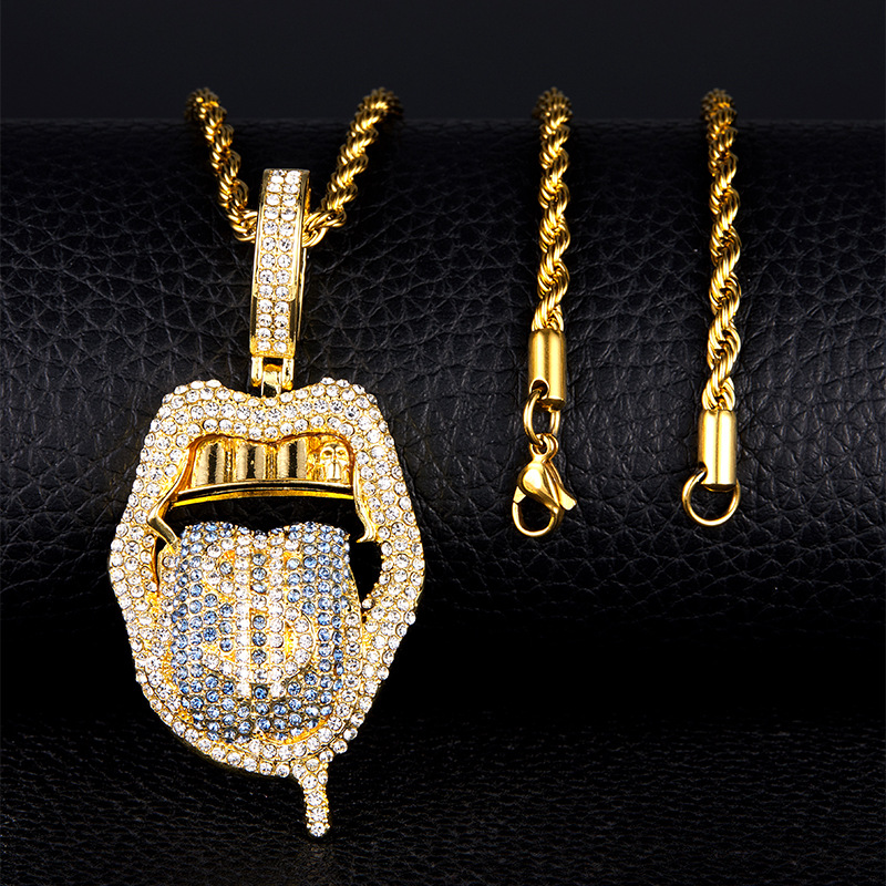 Hip Hop Iced Out Rhinestone Big Tongue Lips Dollar Sign Pendant Necklace Alloy Jewelry For Men Women Party Accessories