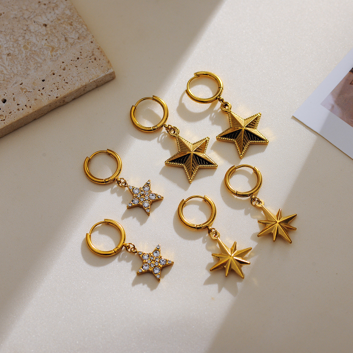 Vintage Gold Plated Stainless Steel Star Dangle Earrings With 925 Sterling Silver Pin Eight-pointed Star Rhinestone Five-pointed Star Elegant Jewelry For Women