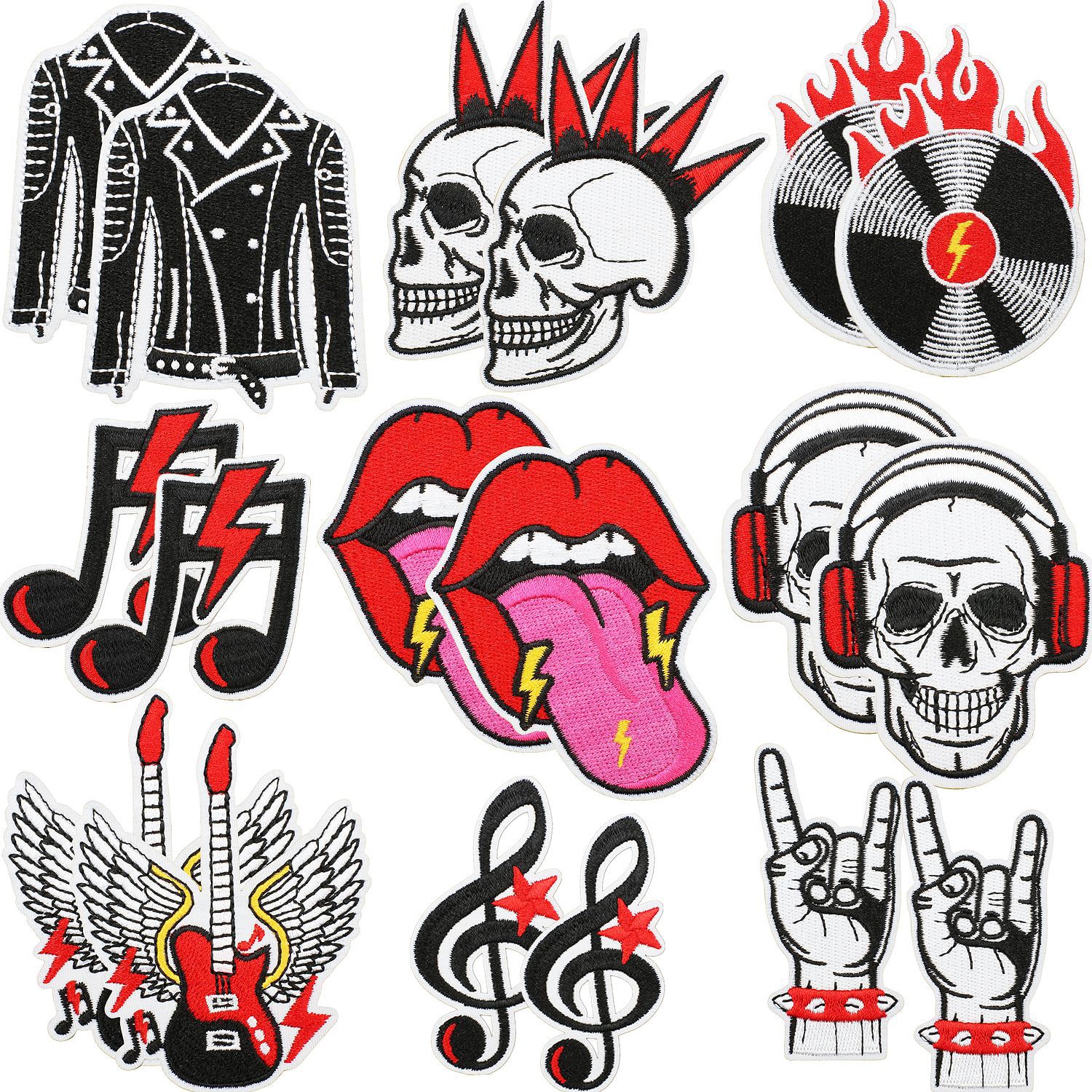 Rock Punk Style Embroidery Patches Skull Guitar Music Note Red Lip Iron On Patches DIY Sew On Applique For Clothing Jacket Backpack Decoration