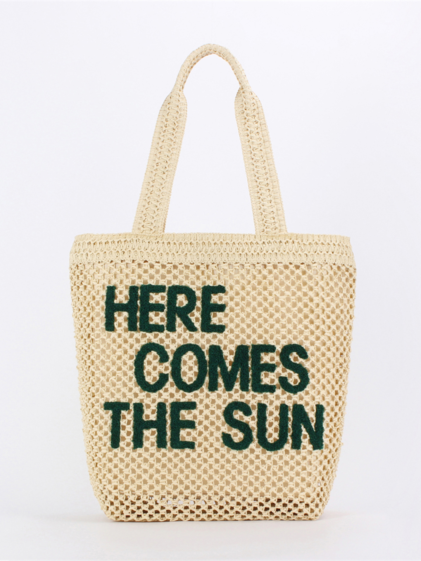Large Capacity Straw Woven Shoulder Bag With Embroidery Letter Here Comes The Sun Summer Beach Casual Tote Bag For Women