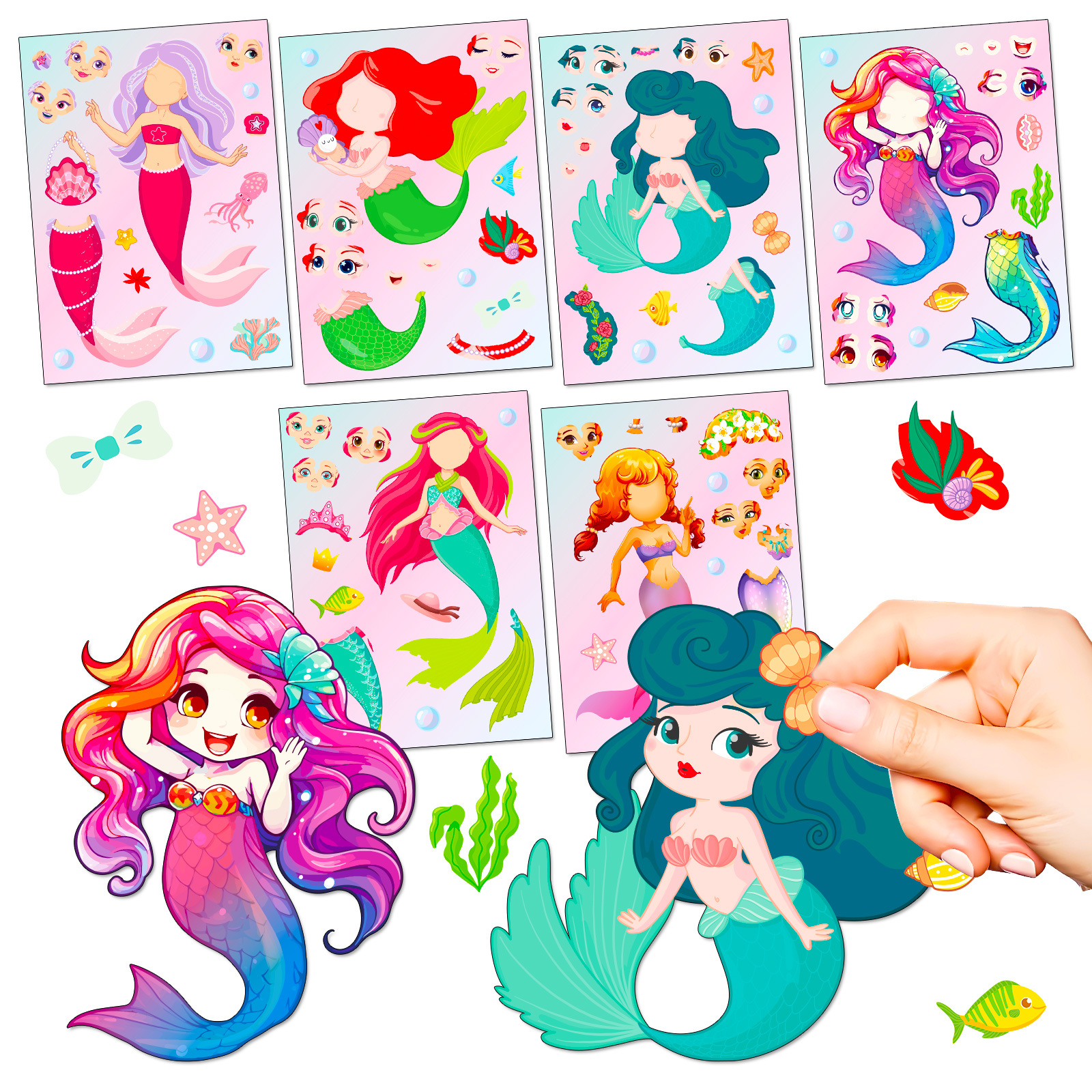 DIY Mermaid Make a Face Stickers Waterproof Cartoon Ocean Princess Sticker Set For Kids Birthday Party Favors Scrapbooking Handwork Decorative Stickers