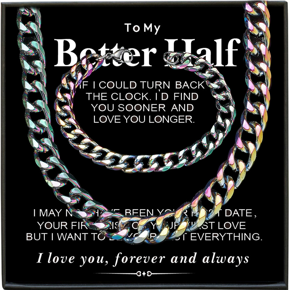 Men's Hip Hop Stainless Steel Cuban Link Necklace Bracelet Jewelry Set Iridescent Rainbow Gold Silver Fashion Bold Gift for Better Half Anniversary Unisex Jewelry
