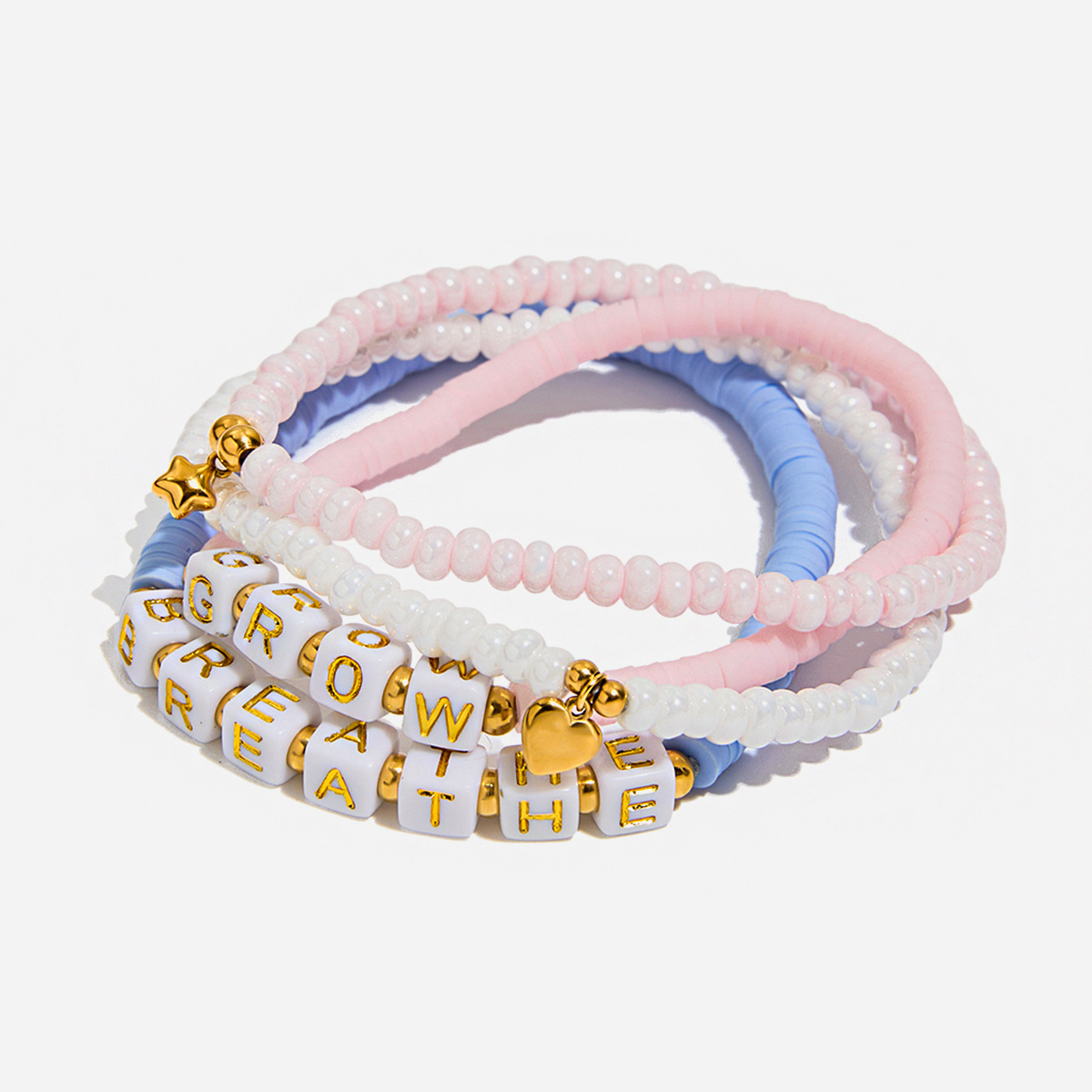 18K Gold Plated Stainless Steel Beaded Bracelet Set With Heart Star Charm Letter GROW BREATHE Soft Clay Heishi Bead Bohemian Summer Jewelry For Women