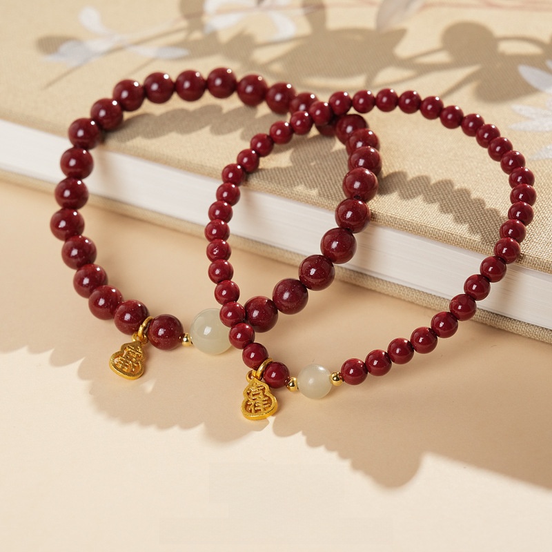 Vintage Red Cinnabar Beaded Bracelet With White Hetian Jade And Gold Plated Copper Gourd Pendant Fu Character Blessing Good Luck Jewelry For Women