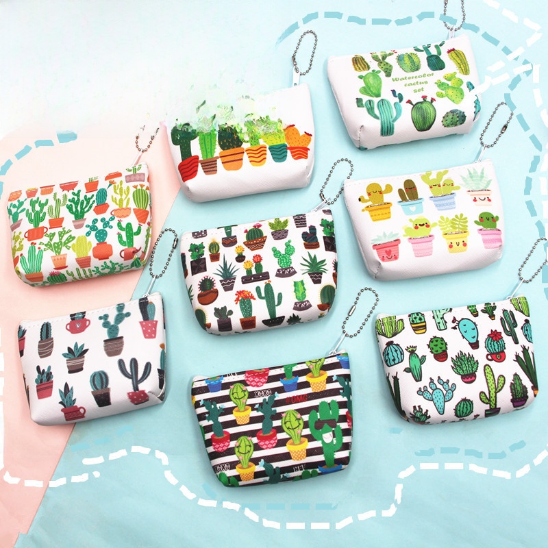 Cute Cartoon Cactus Print PU Leather Mini Coin Purse Small Portable Zipper Pouch With Metal Ball Chain For Women Girls Earphone Key Coins Storage Bag