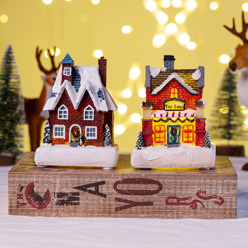 LED Luminous Christmas Miniature Village House Resin Snow Covered Ornament Warm Light Candy Toy Shop Xmas Gift For Desktop Home Party Decor