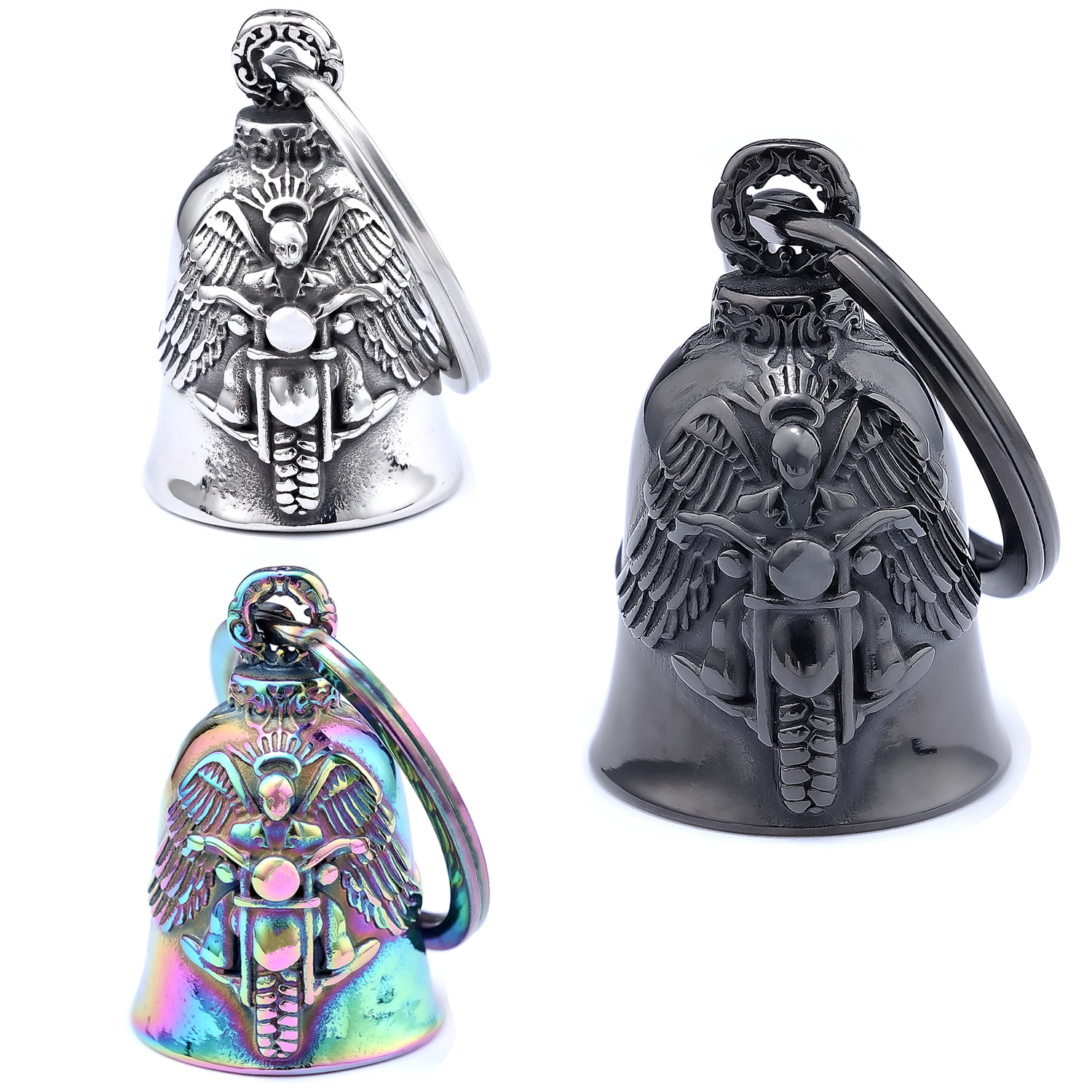 Motorcycle Guardian Bell Necklace 316L Stainless Steel Angel Wings Skull Biker Bell Pendant For Men Women Rider Protection Good Luck Gift