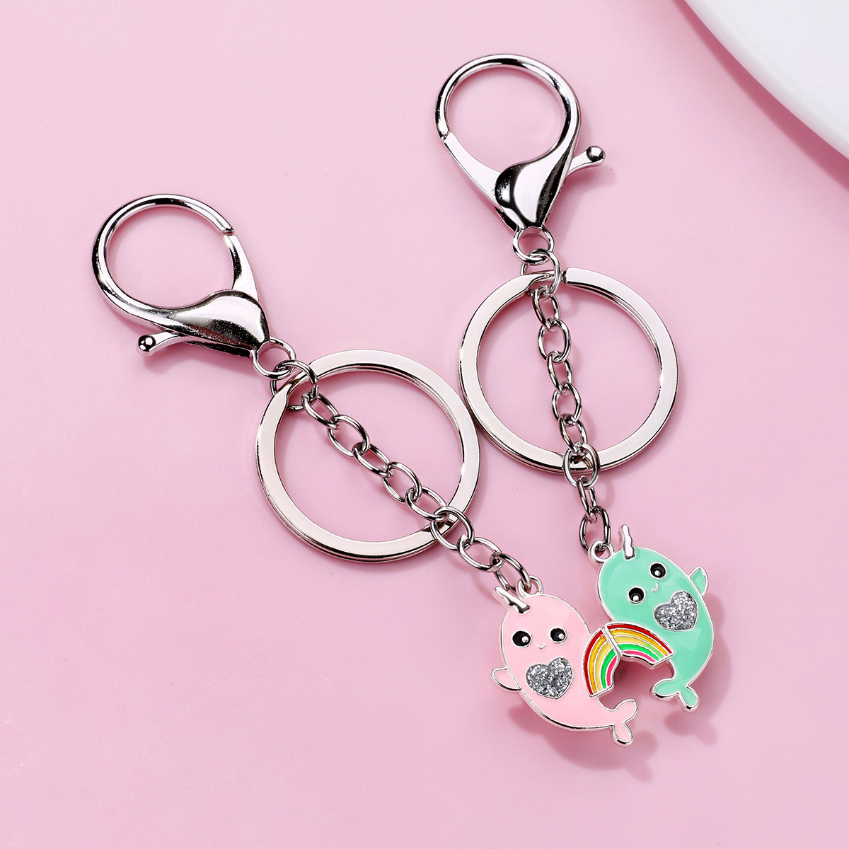 2Pcs Magnetic Narwhal Keychains For Couples Best Friends Cute Enamel Rainbow Whale Keyrings With Glitter Heart For Birthday Graduation Gift