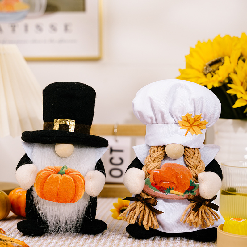 Handmade Polyester Fabric Thanksgiving Chef Gnome Plush Decorations With PP Cotton And Crushed Stone Fall Harvest Tomte Dwarf Pumpkin Turkey Home Decor
