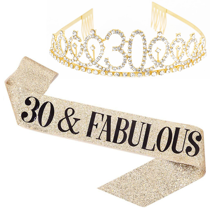 30th Birthday Decorations For Women Gold Rose Gold Rhinestone Tiara Crown And Glitter Sash Dirty 30 & Fabulous Birthday Party Supplies Set Gifts Finally 21st Party Accessories