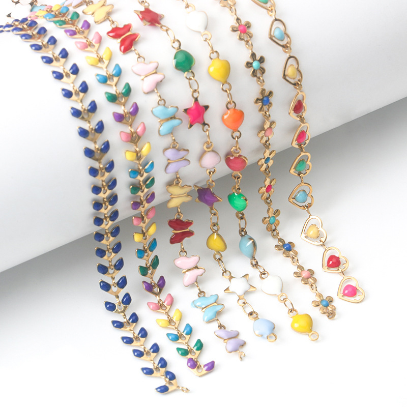 Stainless Steel DIY Jewelry Chains Colorful Enamel Butterfly Heart Flower Star Shapes For Necklace Bracelet Bag Accessory Handmade Craft Sold By Meter