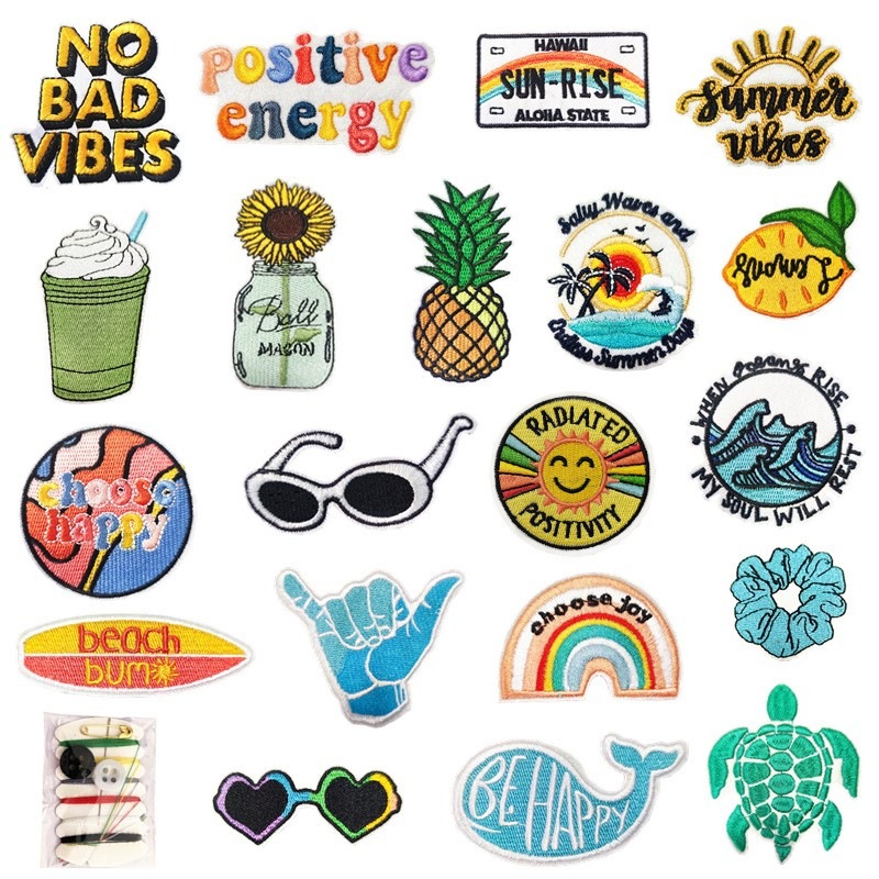 Cartoon VSCO Style Embroidery Patches Iron-On Sew-On Polyester Decorative Appliques For Clothing Backpack Jacket Jeans DIY Positive Energy Patches