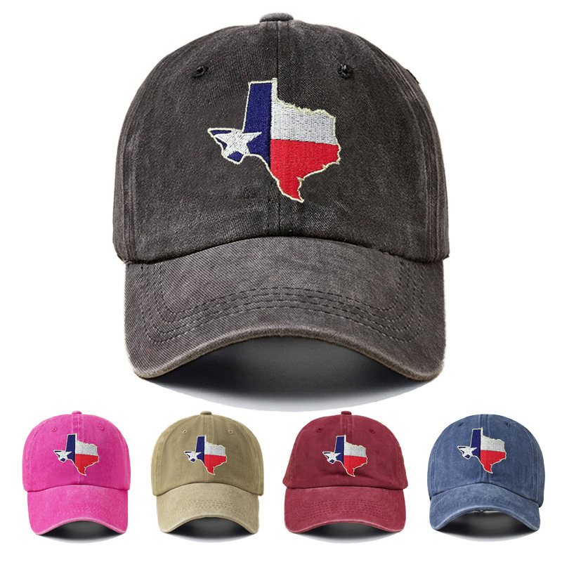 Washed Cotton Baseball Cap Embroidered Texas State Map Flag Lone Star Classic Vintage Outdoor Sunshade Adjustable Hat For Men Women
