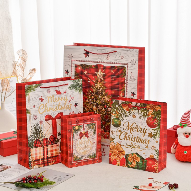 Christmas Gift Bags With Handles Merry Christmas Plaid Paper Bags For Holiday Party Favors Thickened Cardboard Candy Packaging Bags For Gift Giving