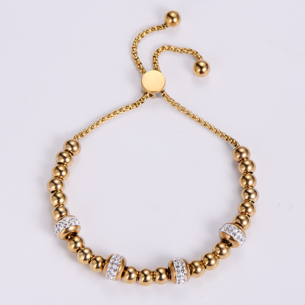 Stainless Steel Beaded Bracelet With Rhinestone Spacer Beads Adjustable Slider Chain Jewelry For Women