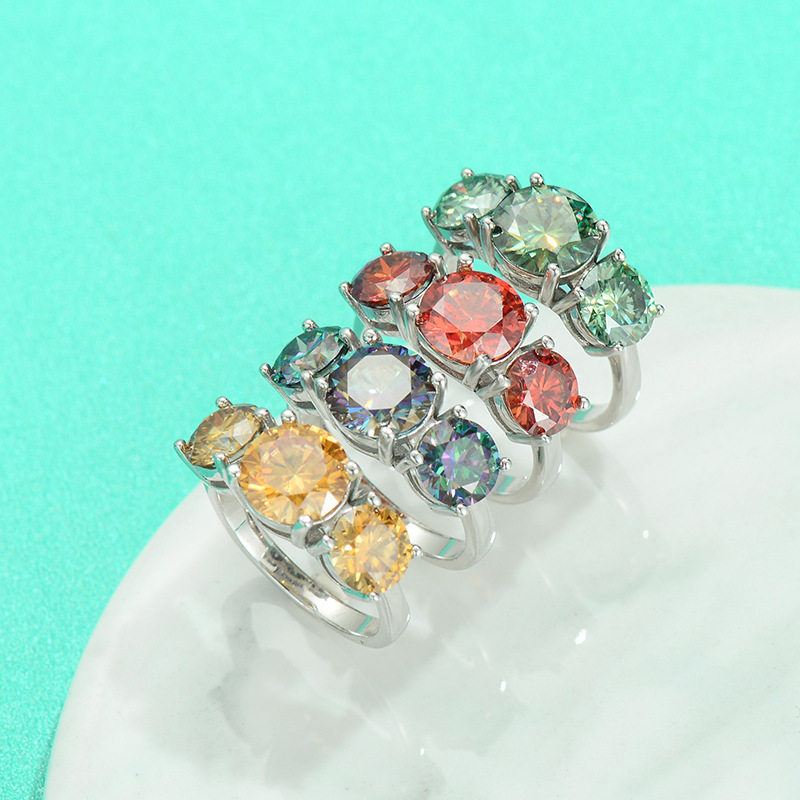 Luxury S925 Sterling Silver Moissanite Ring For Women Red Green Yellow Blue Rainbow Moissanite Three Stone Engagement Wedding Anniversary Ring D Color VVS1 Moissanite Jewelry Gift
