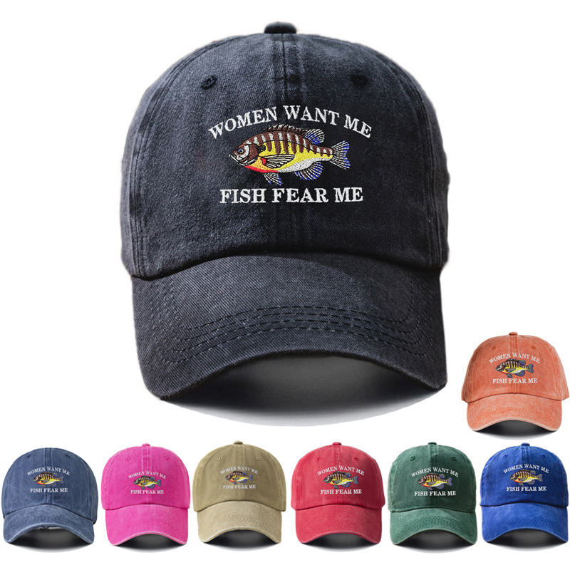 Vintage Washed Cotton Baseball Cap With Fish Embroidery Women Want Me Fish Fear Me Text Adjustable Sun Hat For Men Women Outdoor Casual Sports