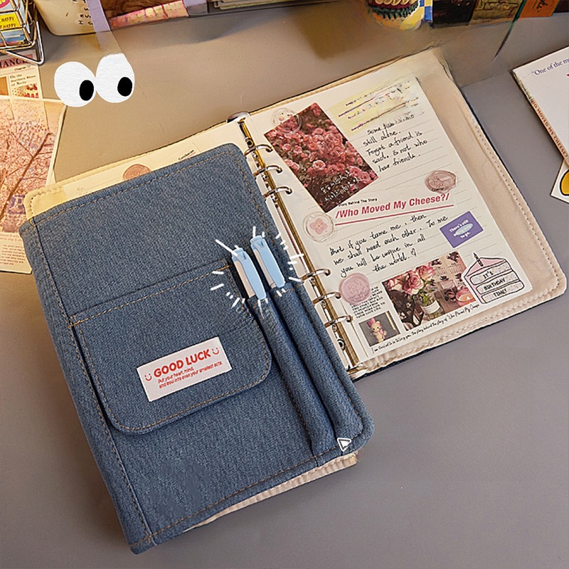 Vintage American Denim A5 Loose-Leaf Notebook With Metal Binder Ring Fabric Cover Multi-Functional Hand Account Journal Diary For Students Office Women