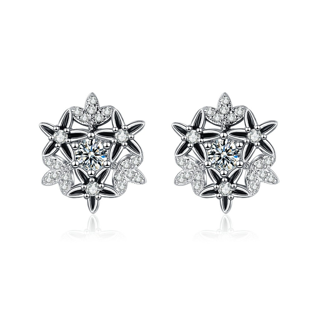 Snowflake Stud Earrings Copper With Black Enamel And Zircon Vintage Elegant Jewelry For Women