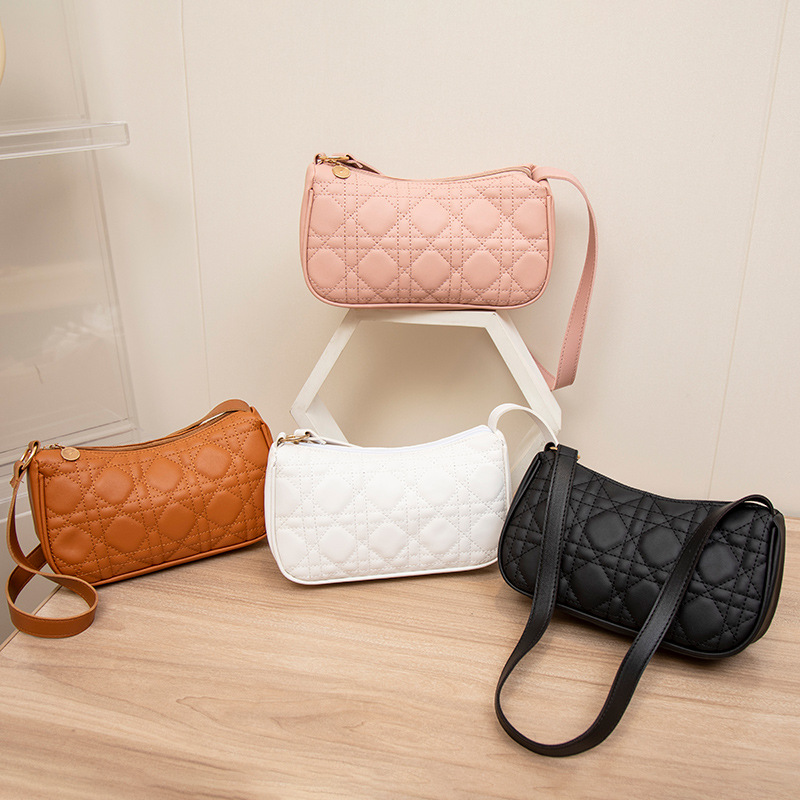 Women Elegant Quilted Cannage Underarm Shoulder Bag High Quality PU Leather Solid Color Zipper Crossbody Handbag For Ladies Casual Dating