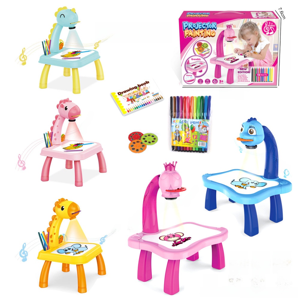 Children's Projector Drawing Table Toy Set Dinosaur Giraffe Projection Painting Desk Educational Learning Toys With 12 Color Pens For Kids Gifts