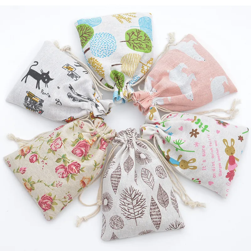 Printed Cotton Linen Cord Pouch Jewelry Storage Gift Packaging Small Burlap Sachet With Floral Animal Christmas Patterns
