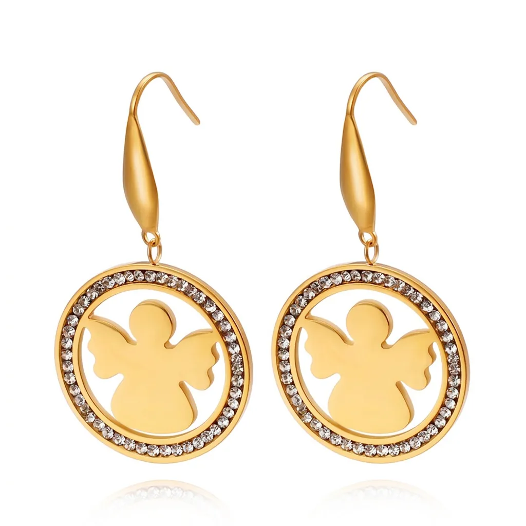Boucles D'oreilles Pendantes Rondes Silhouette D'ange Acier Inoxydable Strass Bijoux De Mode Pour Femmes