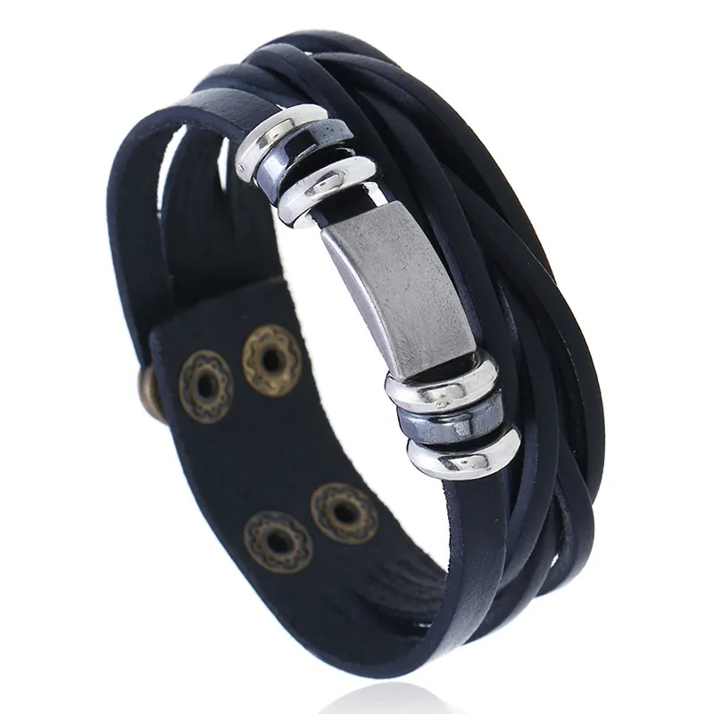 Men Multilayer Woven Genuine Leather Bracelet Vintage Punk Retro Alloy Hematite Braid Wristband