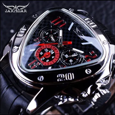 Automatic Mechanical Watch Men Triangular Zinc Alloy Case Leather Strap Day Date Display Skeleton Racing Style Fashion
