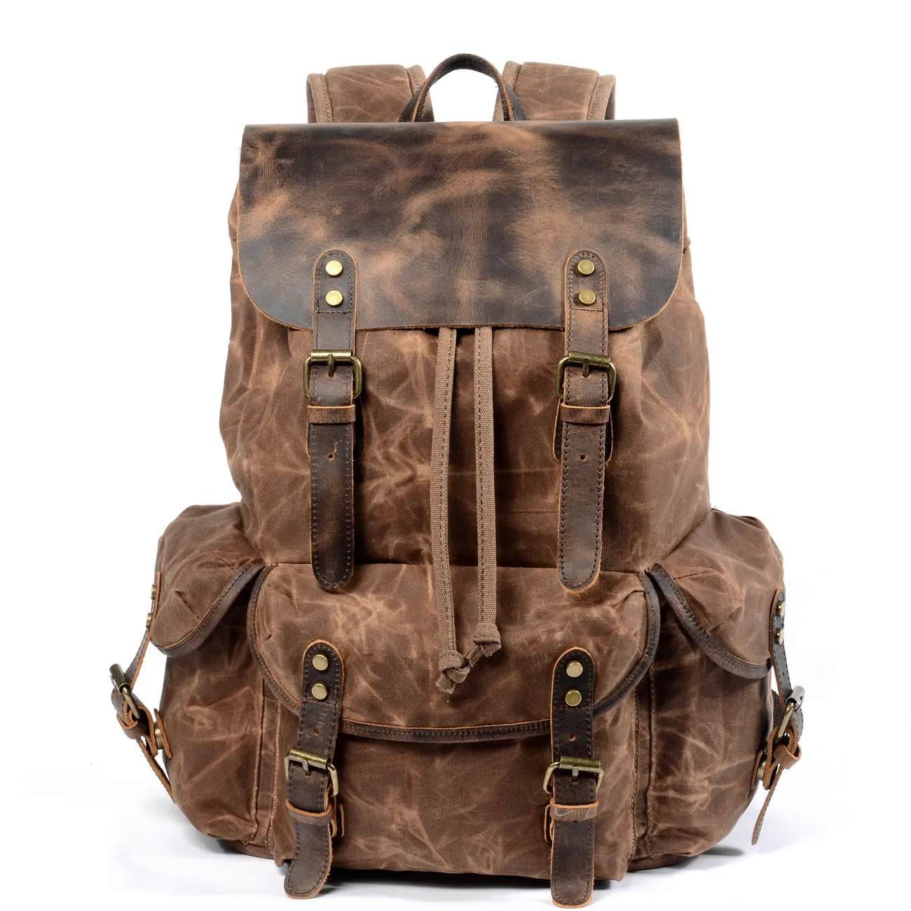 Retro Backpack Oil Wax Canvas Genuine Leather Waterproof Large Capacity Outdoor Travel Rucksack Vintage Style Men