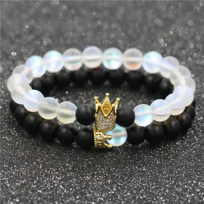 Crown Charm Natural Stone Beaded Bracelet Micro Inlaid Zirconia Copper Accessories For Men And Couples Fashion