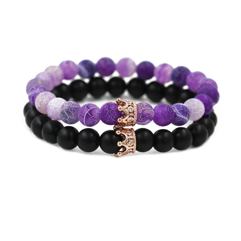 Set Di Bracciali Di Perline Pietra Lavica Vulcanica Agata Viola Invecchiata Corona In Lega Zirconia Punk Coppia Gioielli
