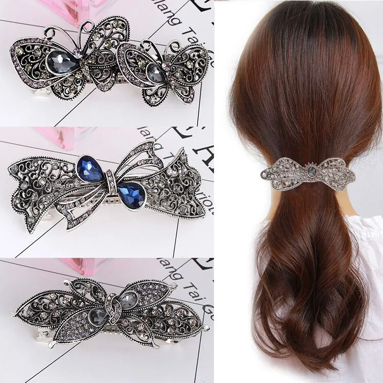 Vintage Hair Clip Alloy Rhinestone Crystal Hollow Butterfly Flower Spring Ponytail Holder Retro Elegant Hairpin Women