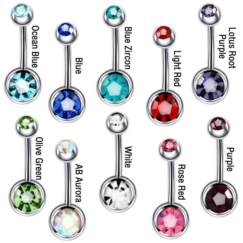 Stainless Steel Navel Piercing Jewelry Double Cubic Zirconia Curved Barbell Belly Button Ring For Women