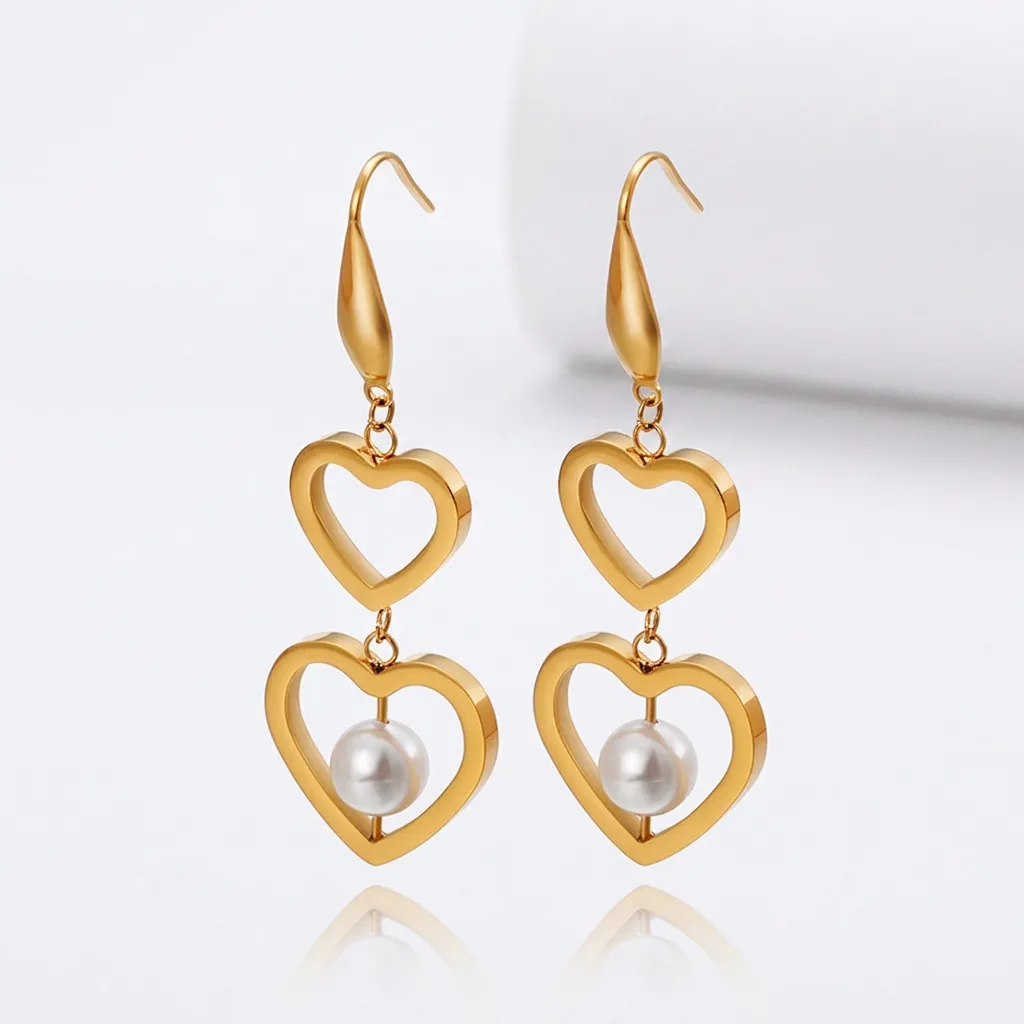 Boucles D'oreilles Pendantes En Acier Inoxydable Double Cœur Évidé Avec Künstliche Perle Plaqué Or 18K Bijoux Mode Femme