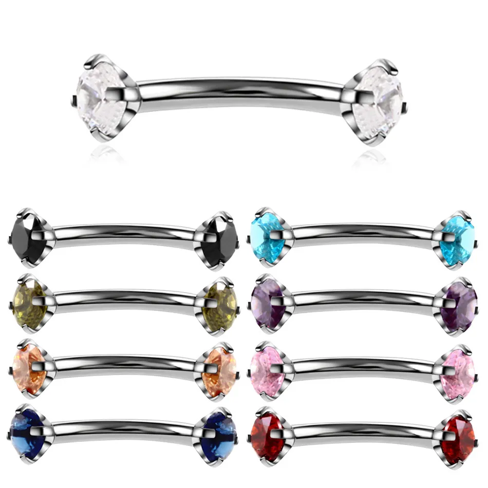 Curved Barbell Eyebrow Ring Stainless Steel Cubic Zirconia Piercing Jewelry Colorful Body Decoration For Men Women