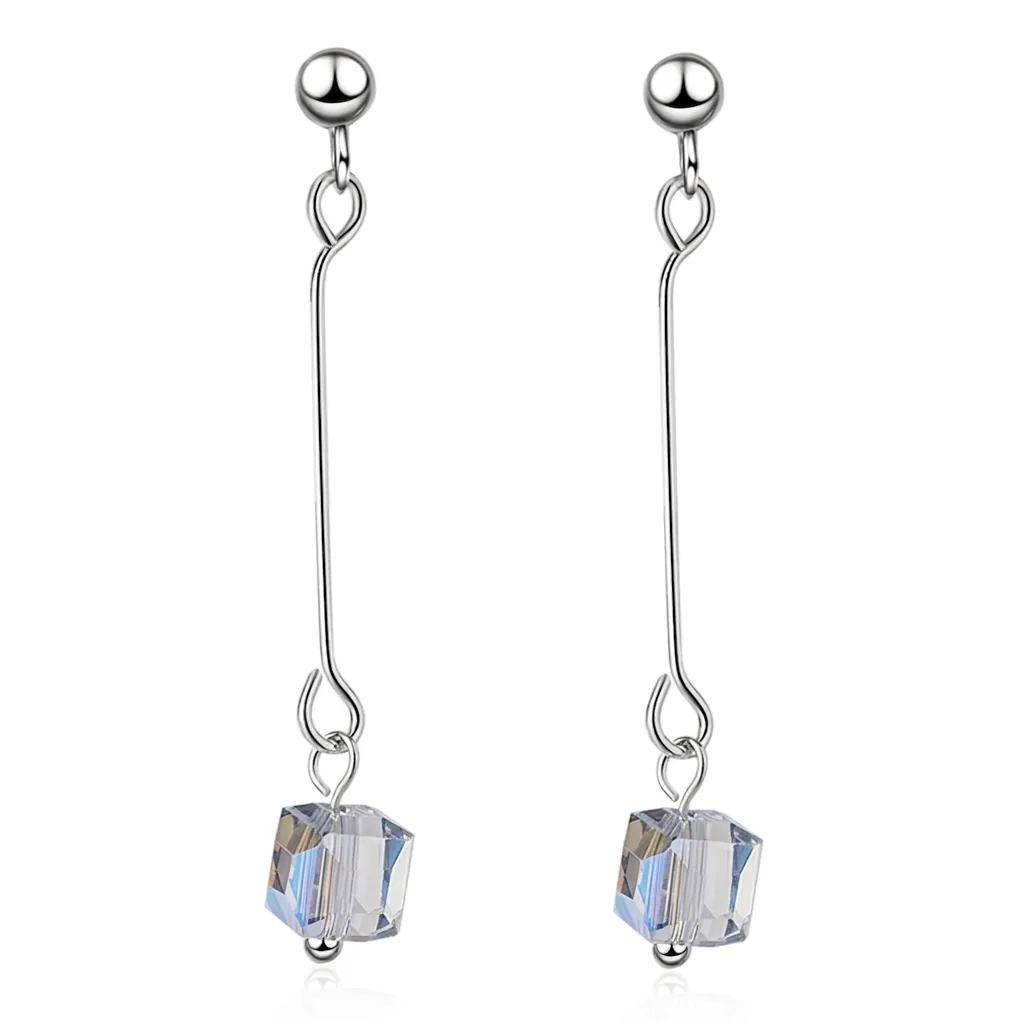 Elegant Copper Long Drop Earrings For Women Artificial Crystal Square Pendant Geometric Dangle Jewelry Gift