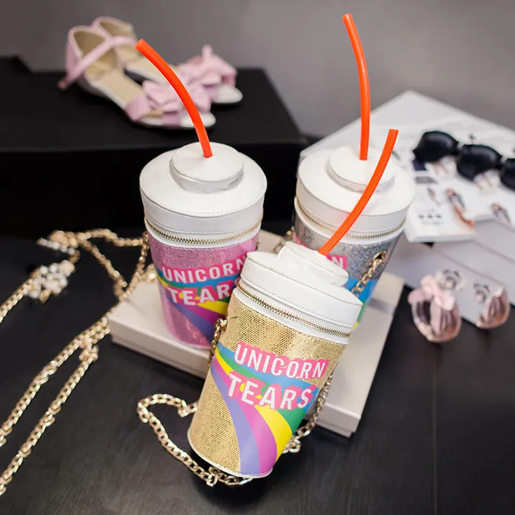 Novelty Drink Cup Shape Crossbody Bag Sequin Unicorn Tears Rainbow Pattern Metal Chain Strap Bucket Purse For Women